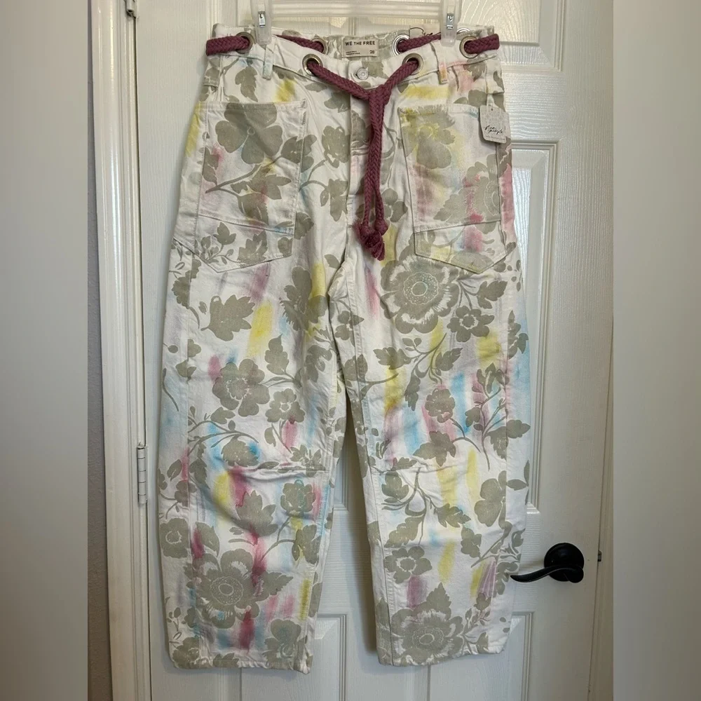 NWT we the free Moxie flocked barrel jeans 28 ivory floral oversized baggy - Picture 7 of 10